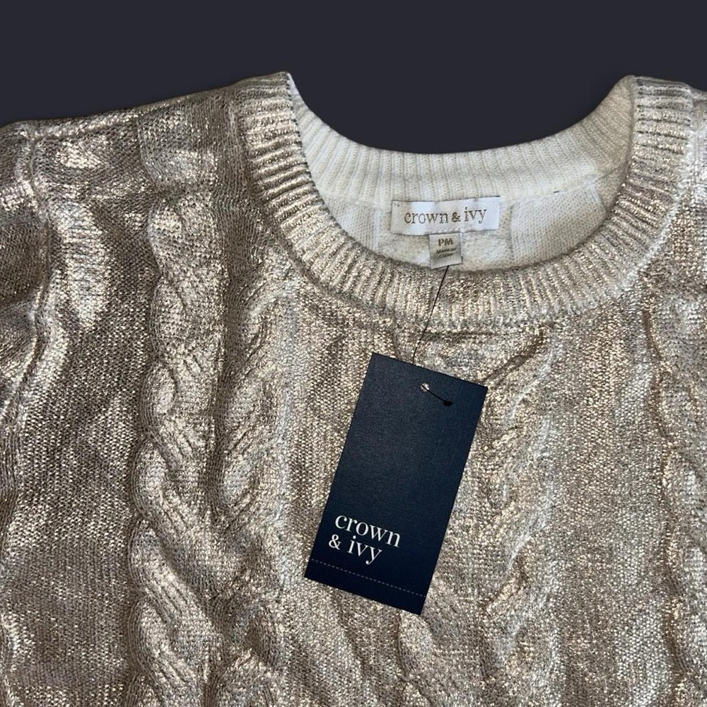Crown & Ivy Cable Knit Gold Metallic Sweater - Size PM (Petite Medium) NWT - Picture 5 of 9